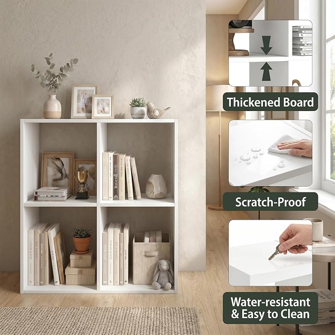 WannabeMyself【Sturdy Build&Easy Assembly】 4 Cube Storage Organizer with Anti-Tipping Kits,Reversible Open Back Book Shelf, Bookcase for Living Room,Bedroom,Entrance Hall,Office,24.1×11.4×24.1,White