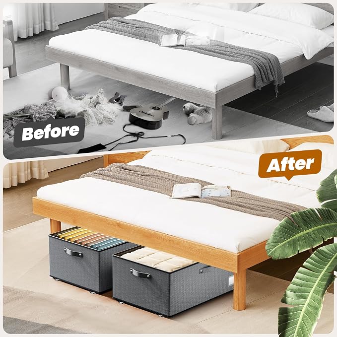 Dayacoco Under Bed Storage With Wheels,10in Underbed Storage Containers 65L | Large Capacity Underbed Storage, No Assembly Required Rolling Under Bed Storage for Clothes Blankets Shoes Grey