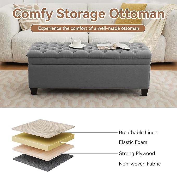 WUTUTUEE 51" Fabric Storage Ottoman Bench, Upholstered Rectangle End of Bed Storage Ottoman Tufted Living Room Bedroom Bench with Safety Hinge, Solid Wood Legs, Loads 500 lb(Dark Grey)