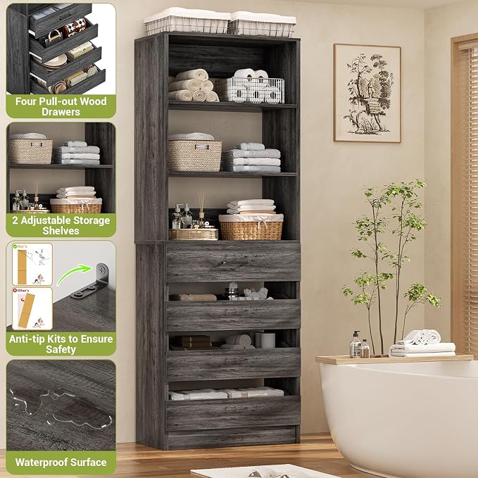 Aheaplus 21.3" Closet System with 4 Drawers, Wood Closet Organizer with Open Shelves, Modular Drawers System Tower, Walk-in Small Wardrobe Rack, Tall Storage Cabinet Unit, Black Oak