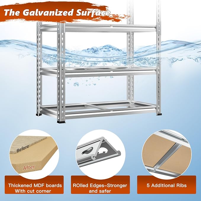 REIBII Garage Shelving, 5 Tier Storage Shelves Load 2400LBS, Adjustable Garage Shelving Heavy Duty, Metal Shelving Unit with Waterproof Columns, 35.5" W x 11.9" D x 72" H, Galvanized, 4 Pack