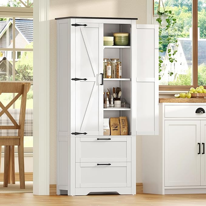 TEENFON 66.1" H Storage Cabinet with 2 Drawers, Farmhouse Kitchen Pantry Cabinet with 2 Doors & Adjustable Shelf, Bathroom Cabinet, for Living Room, Kitchen, Bathroom, White