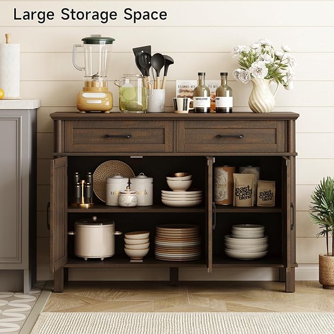 48 Inch Buffet Cabinet with Storage, Farmhouse Sideboard Buffet w/2 Drawers and 3 Doors, Wood Coffee Bar Cabinet with Adjustable Shelves, Sideboard Storage for Kitchen, Living Room, Brown