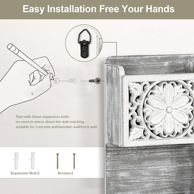 Mail Organizer Wall Mounted | 2 Slots Key Holder for Wall with 8 Hooks, Rustic Wood Key Rack with Shelf for Entryway Hallwall Farmhouse