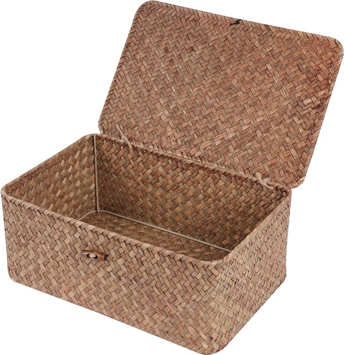 FEIALNDUO Wicker Shelf Baskets with Lid,Seagrass Storage Basket Bins Rectangular Handwoven Basket Boxes for Shelves Desktop Home Organizer (Coffee, Medium)