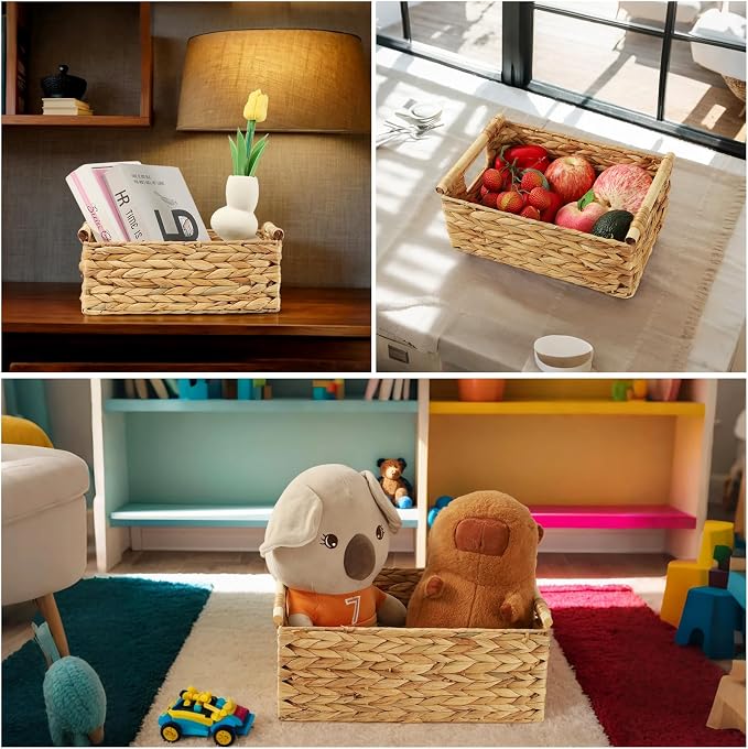 Wicker Storage Baskets for Organizing 3 Pack,Natural Water Hyacinth Ratten Baskets with Wooden Handles, Decorative Handwoven Storage Baskets for Shelves, Bathroom, Pantry or Kitchen