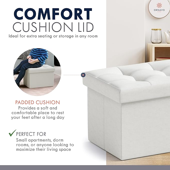 Ornavo Home Small Rectangle Storage Ottoman, Linen, 12x16x12, White | Collapsible Cube Design; Foot Rest Stool Seat; Ideal for Living Room, Bedroom, Home Office or Dorm
