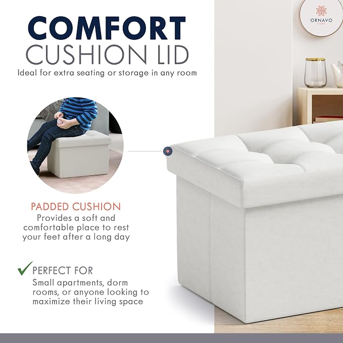 Ornavo Home Small Rectangle Ottoman Set of 2, Linen, 12x16x12, White | Storage Collapsible Design; Foot Rest Stool Seat; Ideal for Living Room, Bedroom, Home Office or Dorm