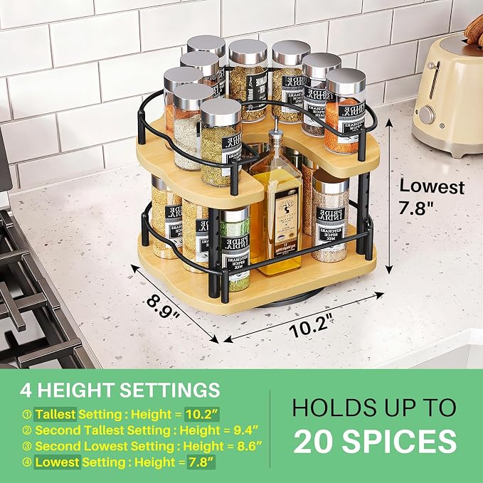 SNTD Lazy Susan Organizer Spice Rack - Spice Organization for Cabinet Height Adjustable Rotating Lazy Turntable, Pantry Kitchen Wood Revolving Seasoning Organizer (Natural, 9 Inch)