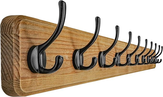 Coat Rack Wall: 38-1/4" Long, Patented, Heavy-Duty, 10-Double-Hooks Wooden Wall Mounted Coat Rack Coat Hanger Hook Rail for Winter Coats Hat Jacket Clothing, Weathered Brown