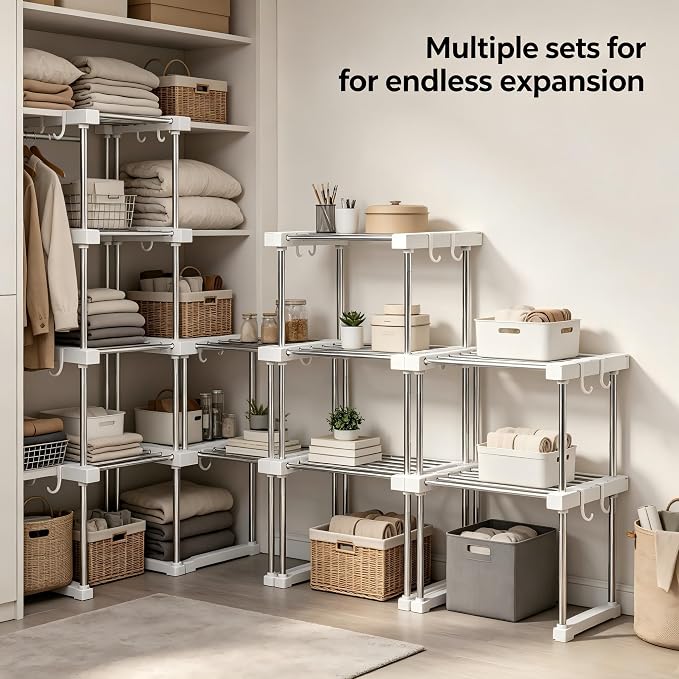 BLULEE Expandable Under Sink Organizer, No-Drill Adjustable Shelf | Custom fit around pipes cabinet rack for bathroom vanity and kitchen pantry, supporting heavy laundry supplies.