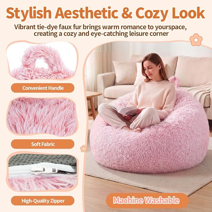 Stuffed Animal Storage Bean Bag Chair Cover, Soft Bean Bag Cover | Fluffy Faux Fur Stuffed Animal Storage Chair, Non-Slip Bottom, Fill with Plush Toys or Blankets, for Adults Teens Kids Girls