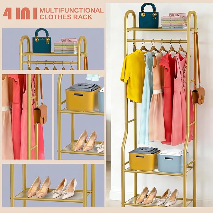 GloTika Narrow Clothes Rack - Clothing Rack with 3 Tier Metal Shelves, 71.9 Inch Tall Garment Rack with 8 Hooks, Freestanding Closet Organizer with Adjustable Leveling Feet for Small Space (Gold)