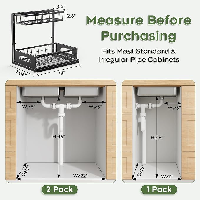 Under Sink Organizer, Cabinet Organizer for Kitchen, Height Adjustable Pull Out Heavy Duty 2 Tier Metal Under Sink Storage for Bathroom Pantry (Black, 1 Pack)