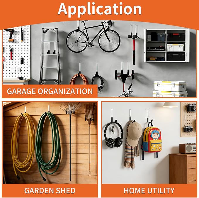 GeeWatom Heavy Duty Steel Garage Hooks,Garage Storage Utility Hooks,Anti-Slip Garage Hooks,Garage Garden Tool Organizer,Steel Wall Mount Hooks, Garden Hose Hanger, Black J Hooks (Large-4PC)