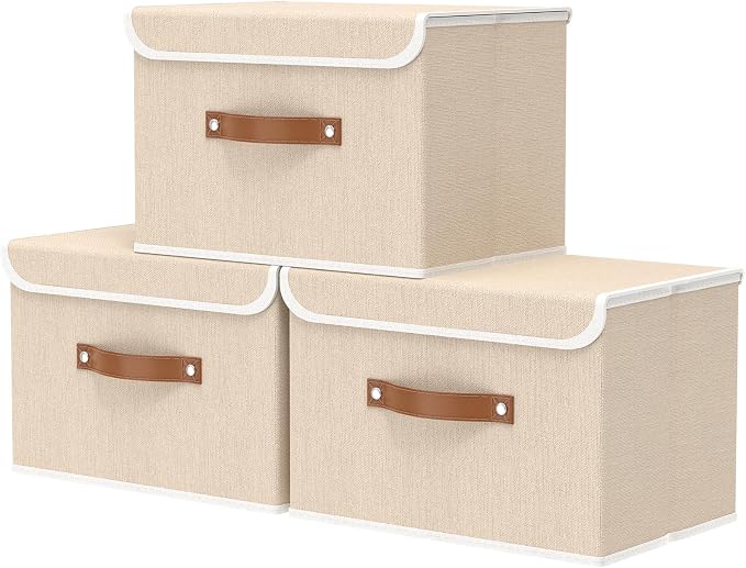 OUTBROS Fabric Storage Bins with Lids, 15 x 9.8 x 9.8 inch, Beige, 3-Pack | Collapsible Wardrobe Baskets, Storage Cubes For Towels, Clothes