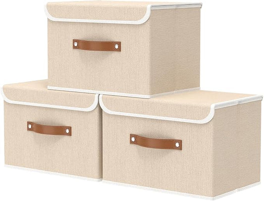 OUTBROS Fabric Storage Bins with Lids, 15 x 9.8 x 9.8 inch, Beige, 3-Pack | Collapsible Wardrobe Baskets, Storage Cubes For Towels, Clothes