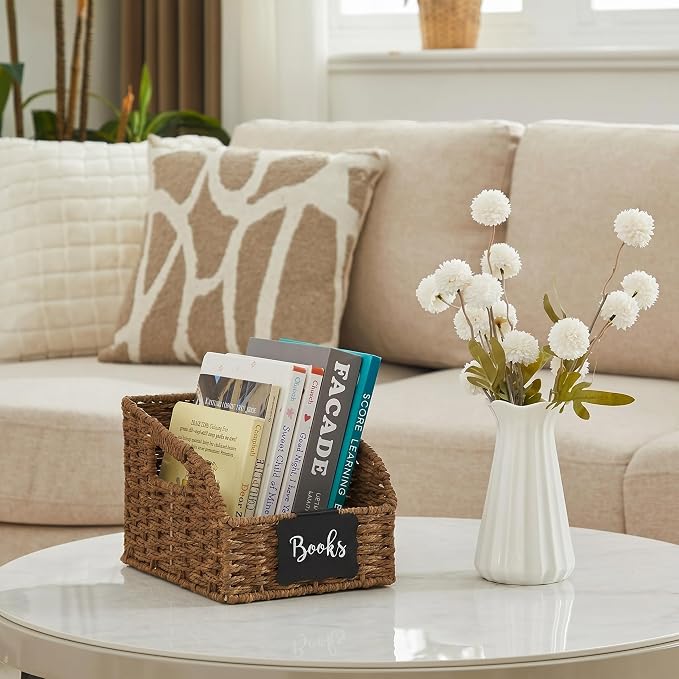 Wicker Baskets for Organizing, Pantry Baskets with Built-in Handles, Handwoven Wicker Storage Basket, Paper Storage Bins for Shelves, Small - 2pcs, Brown