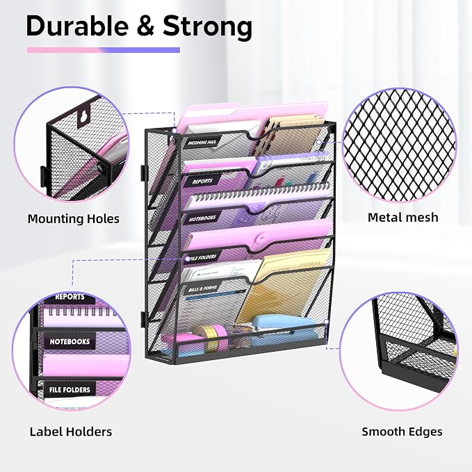 6-Tier Wall File Organizer with Base, Wall Mounted File Holder | Vertical Hanging File Organizer with Open Compartments and Label Holders for Mail, Folders and Paperwork at Home or Work