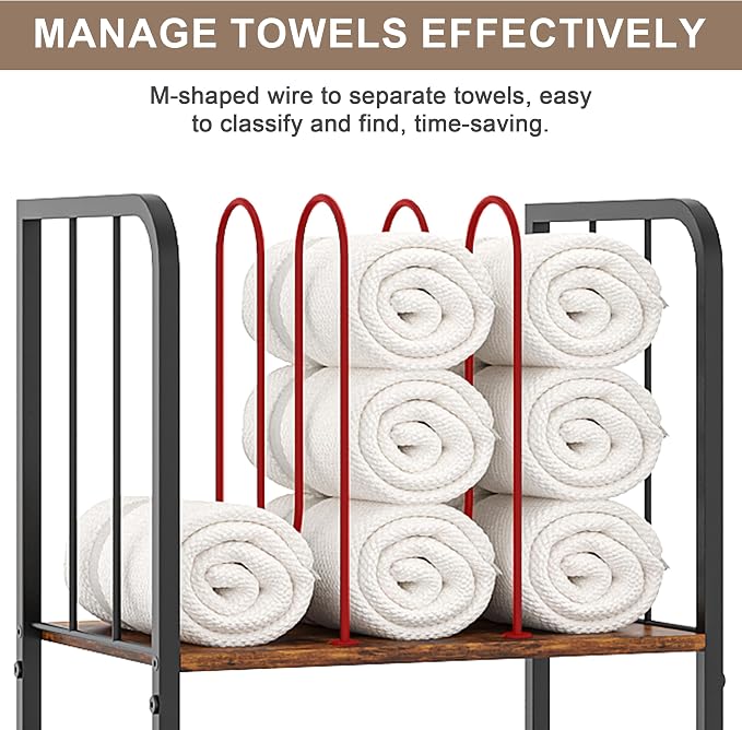 4-Tier Freestanding Towel Racks for Bathroom, Towel Rack Stand | Detachable M-shaped Dividers for Bath Towel Storage Premium Iron & Wood Holder Crafted for Bathroom Organization