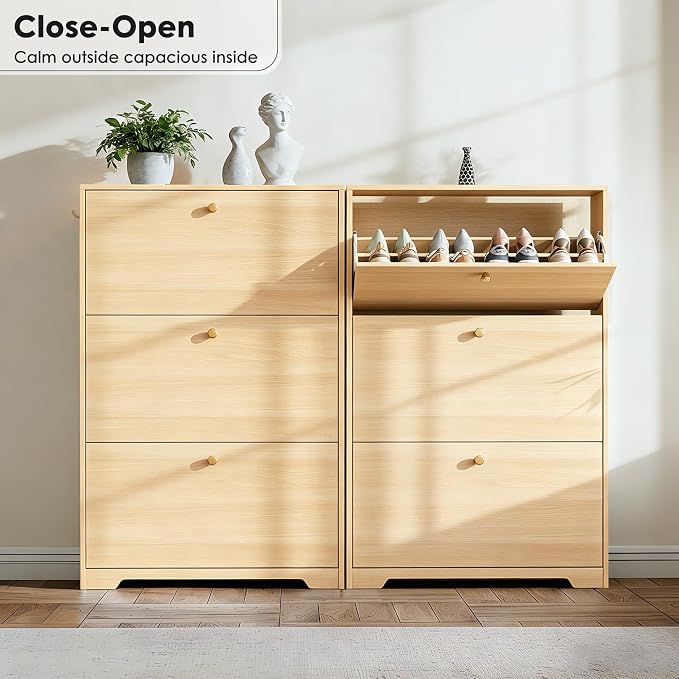 Nicetree Shoe Cabinet with 3 Flip Drawers, Entryway Storage, Natural Oak | Narrow Shoe Organizer, Freestanding Shoe Rack Cabinet, Modern Shoe Storage Cabinet for Entryway, Hallway, Foyer, With Hook