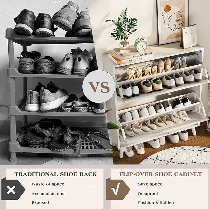 Fsbecl Shoe Storage Cabinet for Entryway with 2 Flip Drawers, Narrow Wood Shoe Cabinet with Fluted Panel, Freestanding Hidden Shoe Organizer for Hallway