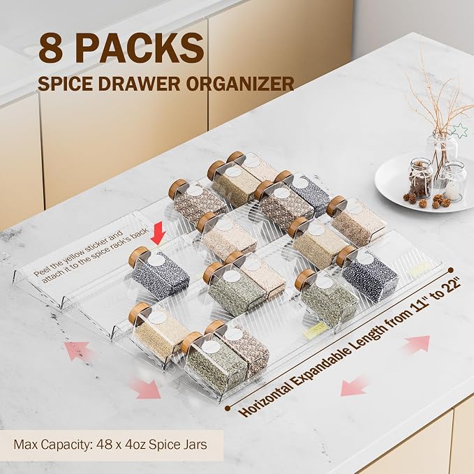 PanPanPal Spice Drawer Organizer, 8 Pack Clear Seasoning Organizer Rack, Expandable From 11" to 22" Wide Kitchen Spice Rack Organizers for Drawer, Countertop (Jars Not Included)
