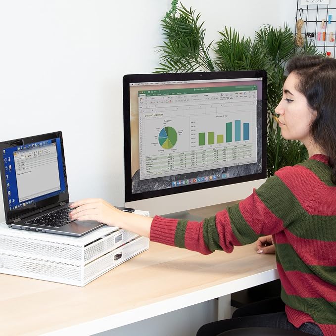 Mount-It! Mesh Computer Monitor Stand Riser [Metal] Desk Organizer with Two Pullout Storage Drawers for Desktop, Laptop, and Printer Accessories and Office Supplies (White)