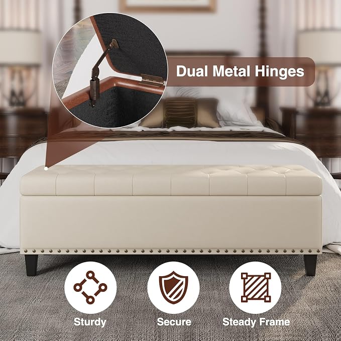 FiveWillowise 51 Inch Storage Ottoman Bench,Large End of Bed Storage Bench | Faux Leather Ottoman with Storage,30 Gallons,Upholstered,with Nailhead Trim,Legs,for Bedroom,Living Room,Entryway,Cream White