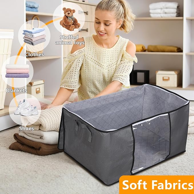 3 Pack Clothes Storage Bags, 90L Large Blanket Storage Bag Comforter Storage Bin with Reinforced Handle and Lid Foldable Closet Organizer and Storage Containers for Bedding Pillows Sheets and Duvet