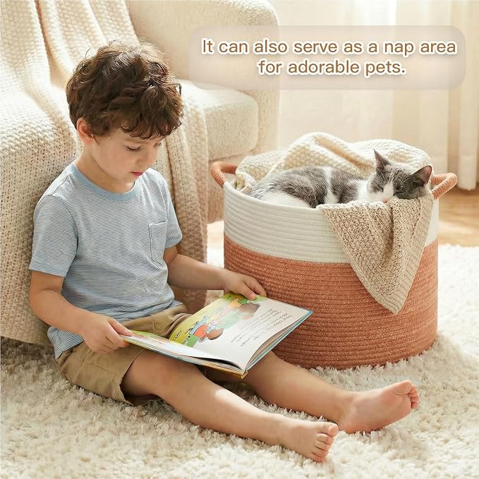 Artfeel 70L Large Cotton Rope Basket, Decorative Woven Blanket Storage for Living Room, Boho Toy Storage & Toy Box for Kids, Versatile Laundry Basket & Nursery Hamper for Blankets(Orange)