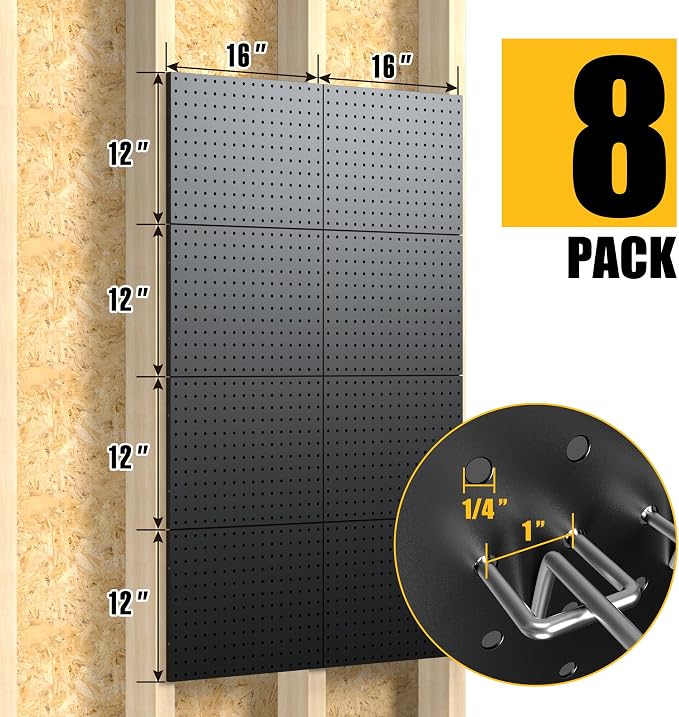 Spampur Peg Board, 8 Pack Metal Pegboard Panels with 50 Hooks | Black Pegboards Wall Organizer, Heavy Duty Peg Board for Garage Tool Storage, Office Organization, Craft Room, Kitchen