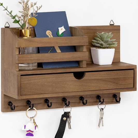 dreampossible Key and Mail Holder for Wall, Mail Organizer Wall Mount with 6 Hooks and Storage Drawer, Wooden Key Rack Hanger with Shelf for Entryway and Home Decor