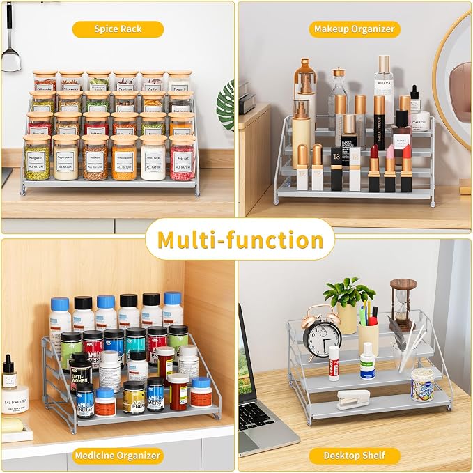 Spice Rack Organizer for Cabinet, Depth Adjustable 4 Tier Spice Rack,1 Pack | Silver, Metal Spice Organization for Cabinet, Easy Visibility, Tiered Spice Rack Perfect for Cabinet, Pantry and Countertop