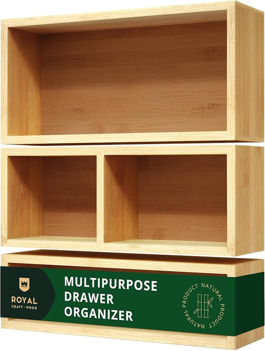 ROYAL CRAFT WOOD Luxury Bamboo Drawer Organizer Storage Box, Bin Set - Multi-Use Drawer Organizer for Kitchen, Bathroom, Office Desk, Makeup, Jewelry (3 Boxes)
