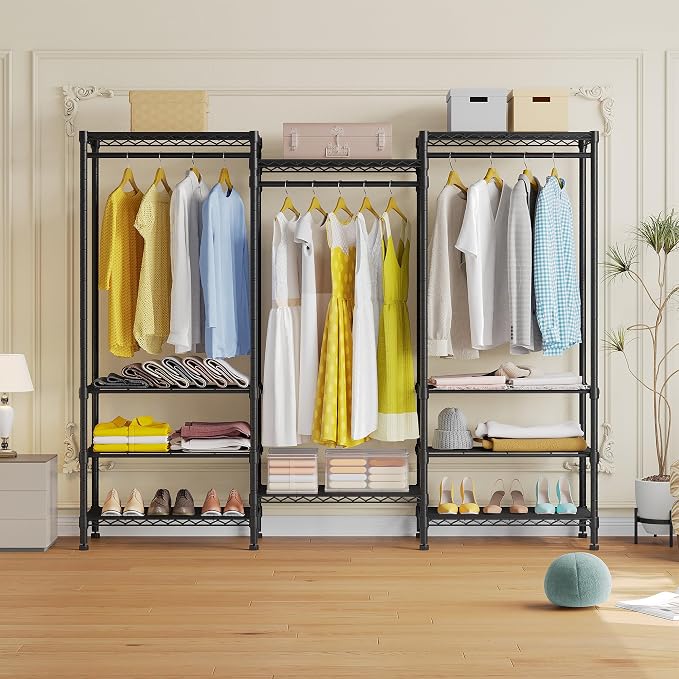 Higeego H12 Heavy Duty Clothes Rack, Black | Freestanding Clothing Rack with 6-Tier Adjustable Shoe Rack, 3 Hanging Rods, 15.7" D x 68.7" W x 76.4" H