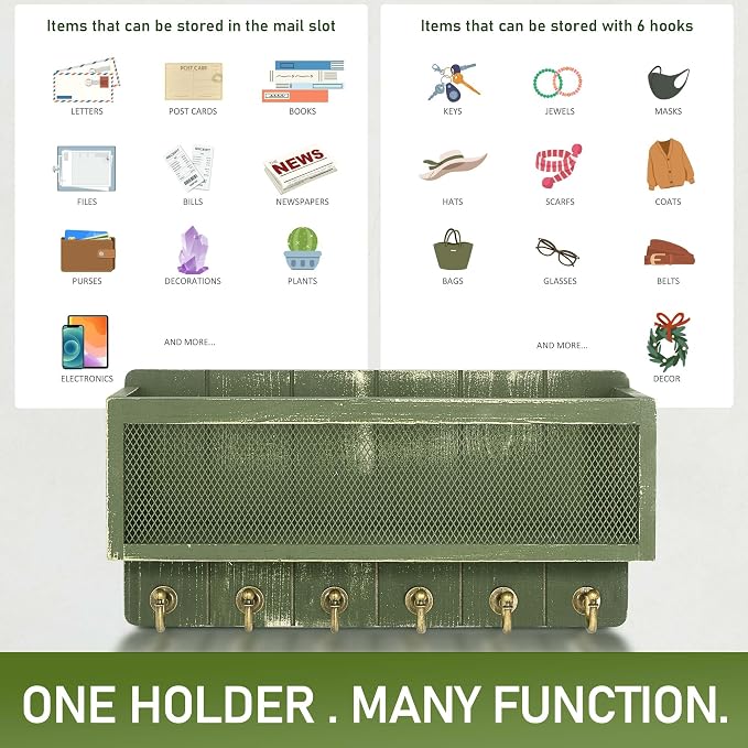 Rebee Vision Key Holder Wall Mount with Mail Basket for Room Decor, Green | Pine Wood, Key Holder for Wall, 6 Sturdy Hooks, Wooden Letter Storage, Apartment Essential, Space-Saving Home Organization