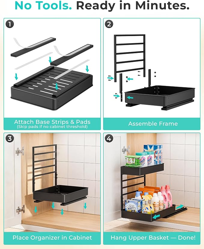 EVERIE Metal Pull Out Slide Shelf Organizer for Under Sink Organization in Kitchen, Bathroom, Counter, Cabinets, Minimum Available Space 13" Wide x 16.5" Deep (Black, 1 Set)