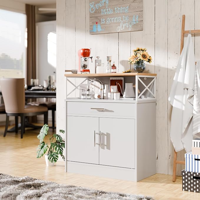 Farmhouse Buffet Sideboard with 2 Doors and 1 Drawer, Open Storage & Adjustable Shelf, Coffee Bar Cabinet for Kitchen/Laundry/Living Room, White