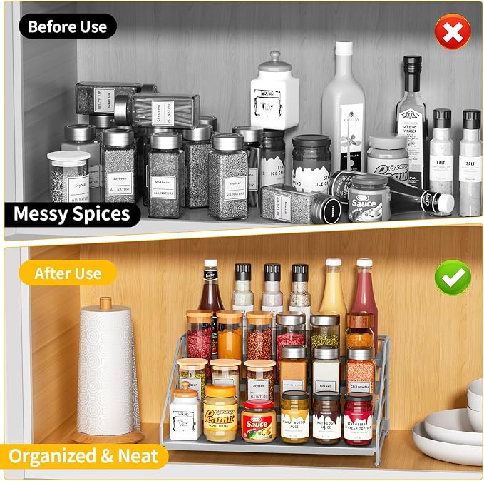 Spice Rack Organizer for Cabinet, Depth Adjustable 4 Tier Spice Rack,1 Pack | Silver, Metal Spice Organization for Cabinet, Easy Visibility, Tiered Spice Rack Perfect for Cabinet, Pantry and Countertop