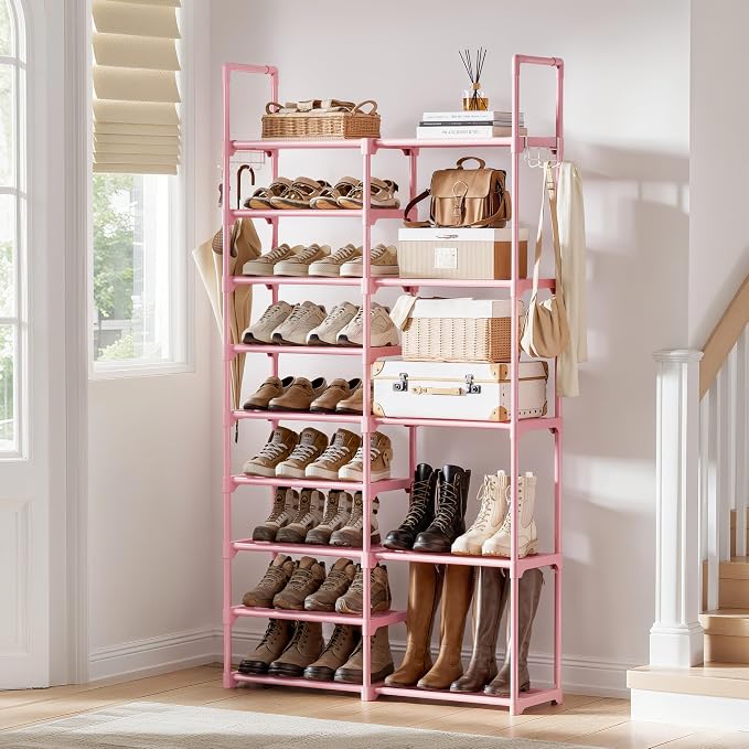 WOWLIVE 9 Tier 2-Column Shoe Rack, 30-35 Pairs Stackable Pink | Compact 33.75in long fits narrow spaces. Removable layers for boots/heels. Split design for flexible layout.