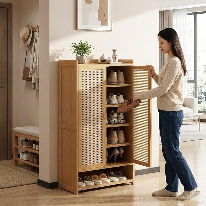 SACSTAR Shoe Storage Cabinet 23.6" L x 12.6" W x 36.6" H Compact Entryway Shoe Rack with 2 Doors & 7 Shelves, Natural Bamboo & Rattan Design Ideal Shoe Organizer for Small Spaces
