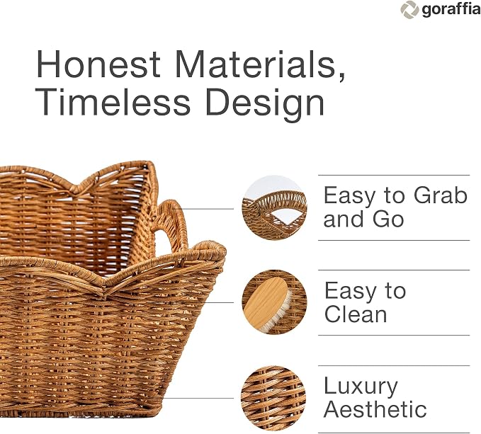 Scalloped Wicker Basket with Handles – 11.5"x11.5"x6" Handwoven Rattan Decorative Storage Bin for Bedroom, Bathroom & Home Use (Honey)