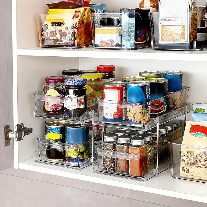 2 Set, 2 Tier Clear Organizer with Dividers for Cabinet, Shlef, Counter - MultiUse Slide-Out Storage Container - Kitchen, Pantry, Medicine Cupboard Bins, Bathroom, Vanity Makeup, Under Sink Organizing