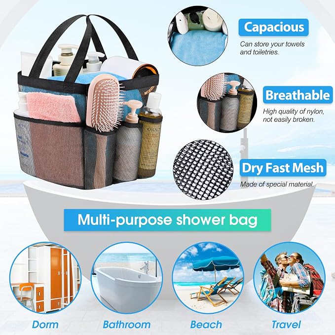 Mesh Shower Caddy Portable - 9 Pockets for College Dorm Room Essential | Large Capacity Mesh Shower Caddy with 9 Pockets, Portable Hanging Toiletry Bag for College Dorm, Gym, Camping and Beach