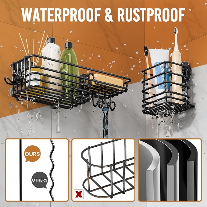 LEVERLOC Shower Caddy Suction Cup, Bathroom Organizer for Inside Shower | Black Bathroom Organizer With Hook, Rustproof Shower Holder Storage, 3 Pack Shower Caddies, Heavy Duty Shower Basket