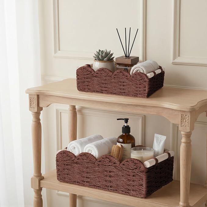 iEGrow Paper Rope Small Storage Baskets for Organizing, Set of 2 Scalloped Edge Wicker Basket with Wooden Handles Toilet Paper Basket for Over Toilet Storage Shelf, Home Decor, Living Room (Brown)