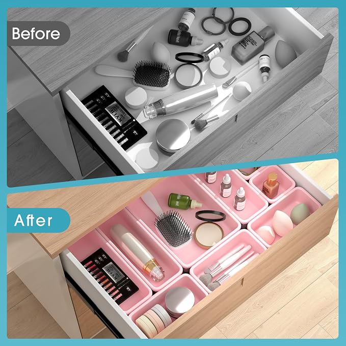 16 PCS Drawer Organizer Set, 4 Size Makeup Drawer Divider Organizer With Non-Slip Pads, Interlocking Plastic Storage Bins for Office,Jewelry Vanity,Gadgets, Bathroom,Kitchen, Pink