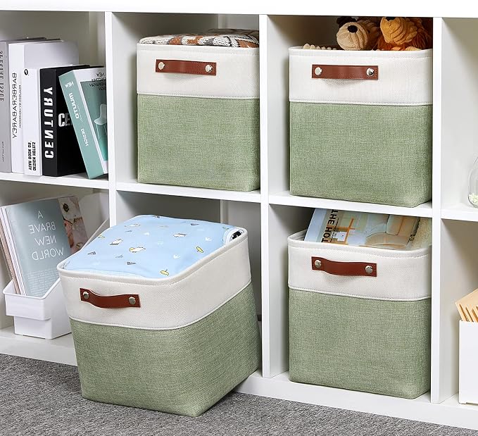DULLEMELO Storage Baskets for Organizing, Fabric Storage Cubes for Box, 11 Inch Decorative Cube Storage Bins with handle for Gift Basket(4 Pack - 11" White&Green)