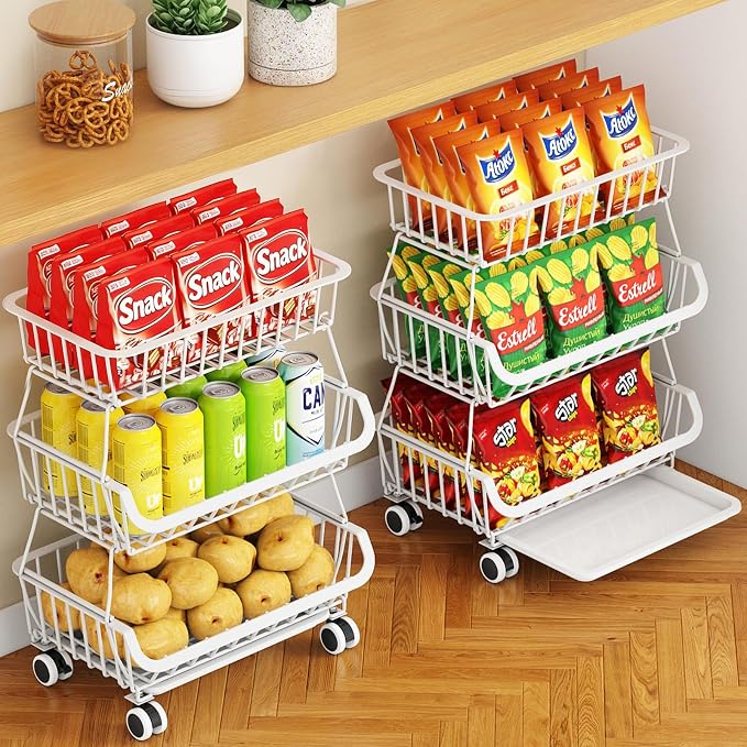 3-Tier Rolling Pantry Cart with Wheels, Stackable Wire Storage Floor Organizer for Kitchen Pantry Snack Shelves, Fruit Basket Stand, Vegetable Storage Rack for Food Snacks Onion Potato, White